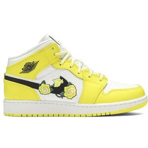 Nike Air Jordan 1 Mid SE GS Rose Patch Dynamic Yellow Sneakers Size 4.5 Y